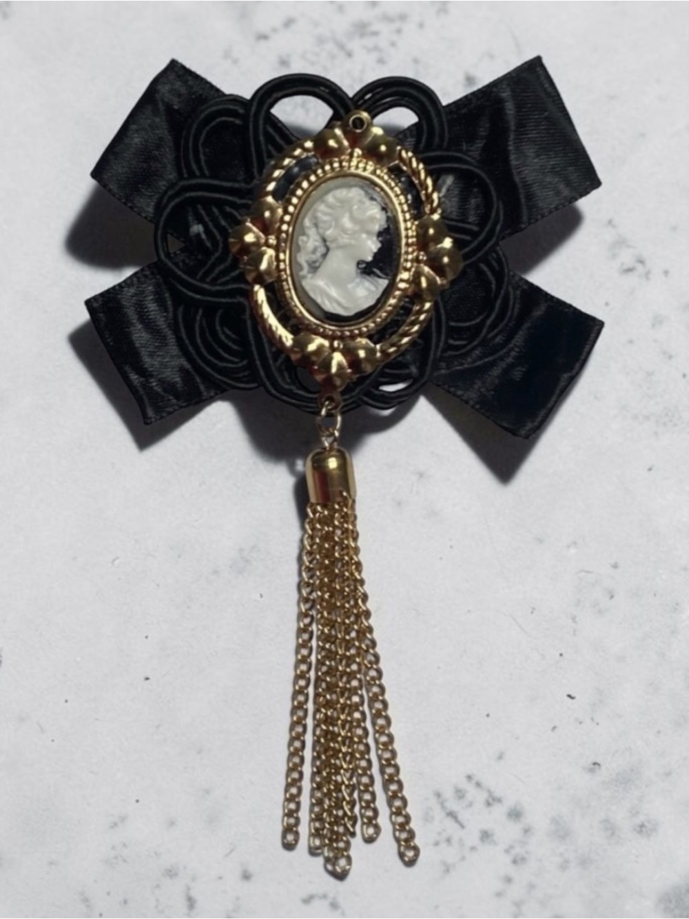 Vintage Black and Gold Cameo Brooch with Black Ribbon